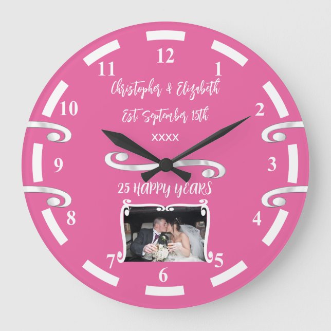 Silver Anniversary 25 years add names photo pink Large Clock (Front)