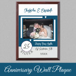 Silver Anniversary 25 years photo names blue Award Plaque<br><div class="desc">Silver anniversary keepsake wood plaque.
A gift for the happy couple celebrating 25 years together.
Add a photo,  names and the established date / year.
White,  blue and grey with love hearts.</div>