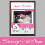 Silver Anniversary 25 years photo names pink Award Plaque<br><div class="desc">Silver anniversary keepsake wood plaque.
A gift for the happy couple celebrating 25 years together.
Add a photo,  names and the established date / year.
White,  pink and grey with love hearts.</div>