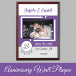 Silver Anniversary 25 years photo names purple Award Plaque<br><div class="desc">Silver anniversary keepsake wood plaque.
A gift for the happy couple celebrating 25 years together.
Add a photo,  names and the established date / year.
White,  purple and grey with love hearts.</div>