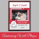 Silver Anniversary 25 years photo names red Award Plaque<br><div class="desc">Silver anniversary keepsake wood plaque.
A gift for the happy couple celebrating 25 years together.
Add a photo,  names and the established date / year.
White,  red and grey with love hearts.</div>