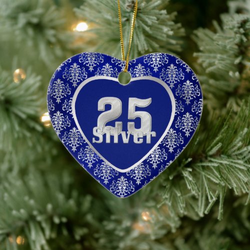 Silver Anniversary Damask Blue Photo Template Ceramic Ornament