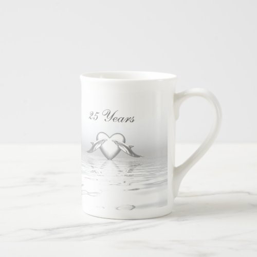 Silver Anniversary Dolphins and Heart Bone China Mug