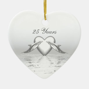 Silver Anniversary Dolphins and Heart Ceramic Ornament