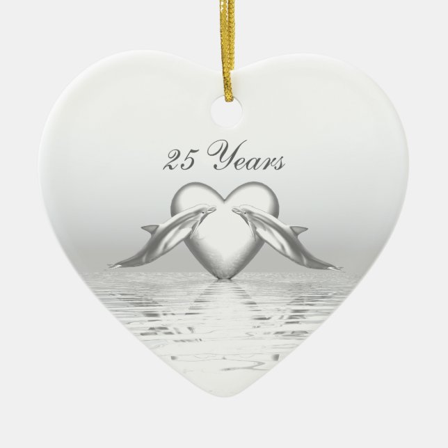 Silver Anniversary Dolphins and Heart Ceramic Ornament (Front)
