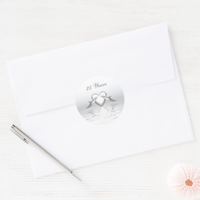 Silver Anniversary Dolphins and Heart Classic Round Sticker (Envelope)