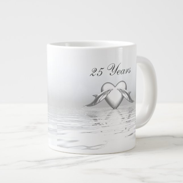 Silver Anniversary Dolphins and Heart Giant Coffee Mug (Front Right)