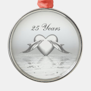 Silver Anniversary Dolphins and Heart Metal Ornament