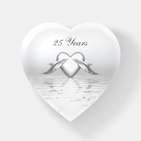 Silver Anniversary Dolphins And Heart Paperweight