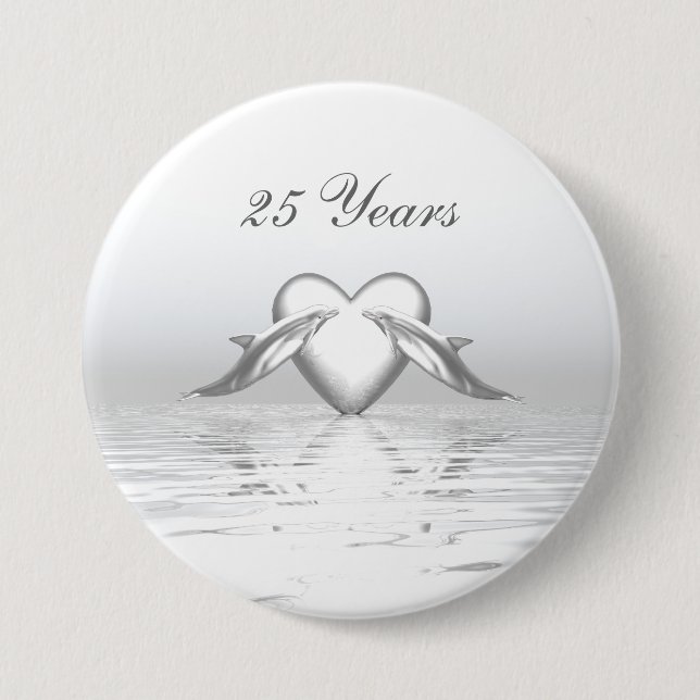 Silver Anniversary Dolphins and Heart Pinback Button (Front)