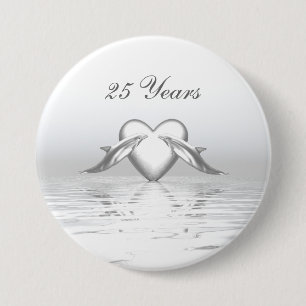 Silver Anniversary Dolphins and Heart Pinback Button