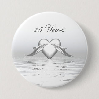 Silver Anniversary Dolphins and Heart Pinback Button