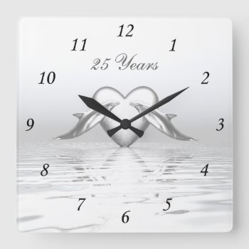 Silver Anniversary Dolphins And Heart Square Wall Clock by Peerdrops at Zazzle
