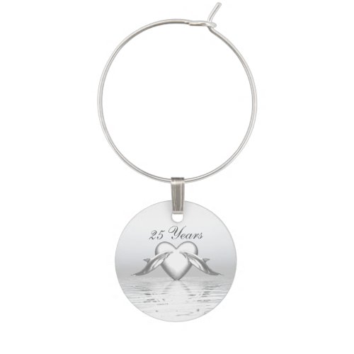 Silver Anniversary Dolphins and Heart Wine Charm