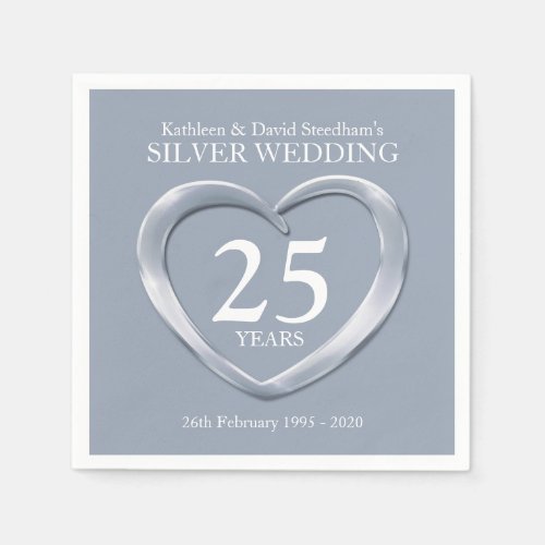 Silver anniversary heart photo names napkins