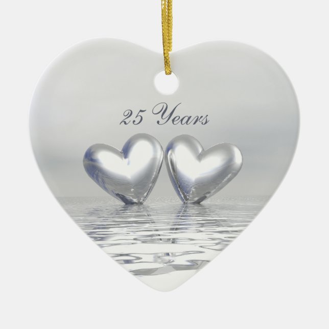 Silver Anniversary Hearts Ceramic Ornament (Front)
