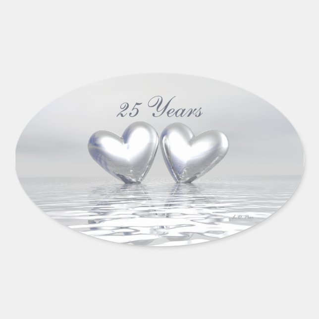 Silver Anniversary Hearts Oval Sticker (Front)