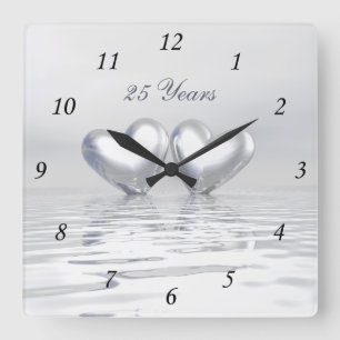 Silver Anniversary Hearts Square Wall Clock