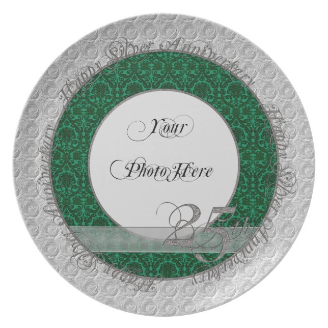 Silver Anniversary Photo Plate Damask Green (Front)