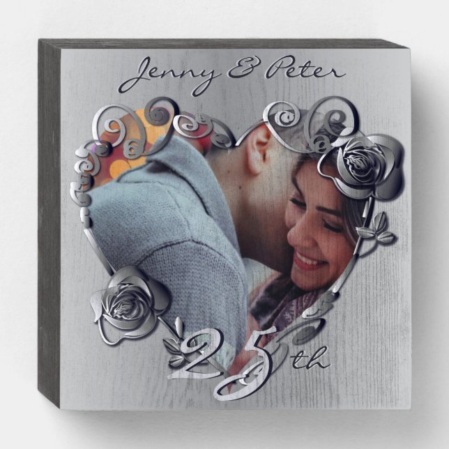 Silver Anniversary Rose Heart Frame 1 Photo  Wooden Box Sign (Front Horizontal)