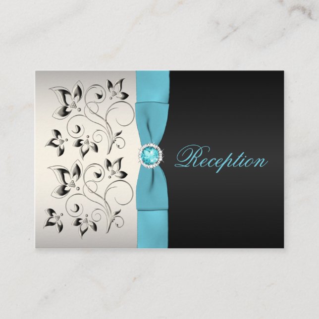 Silver, Aqua, and Black Floral Enclosure Card (Front)