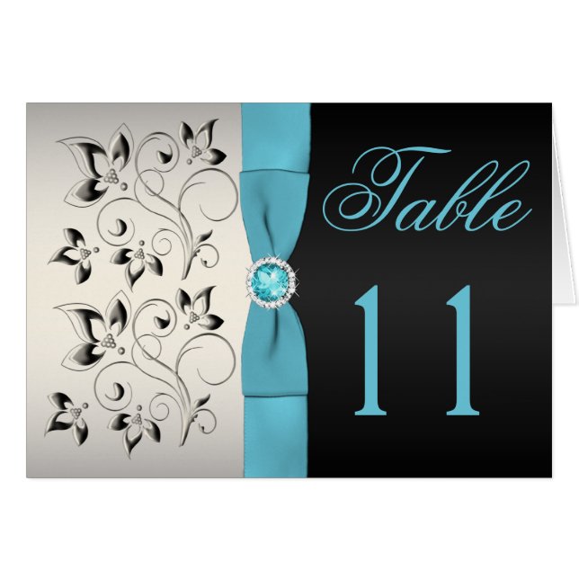Silver, Aqua, and Black Floral Table Number Card (Front Horizontal)