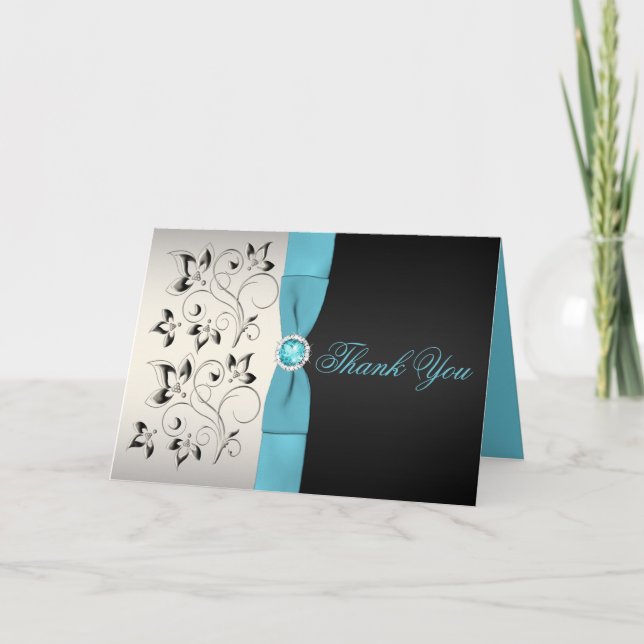 Silver, Aqua, and Black Floral Thank You Card (Front)