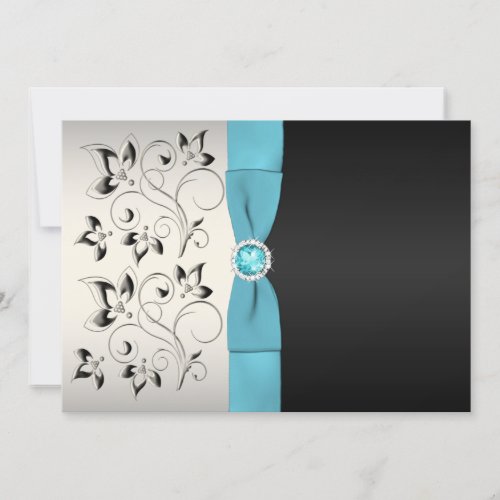 Silver, Aqua, and Black Floral Wedding Invitation