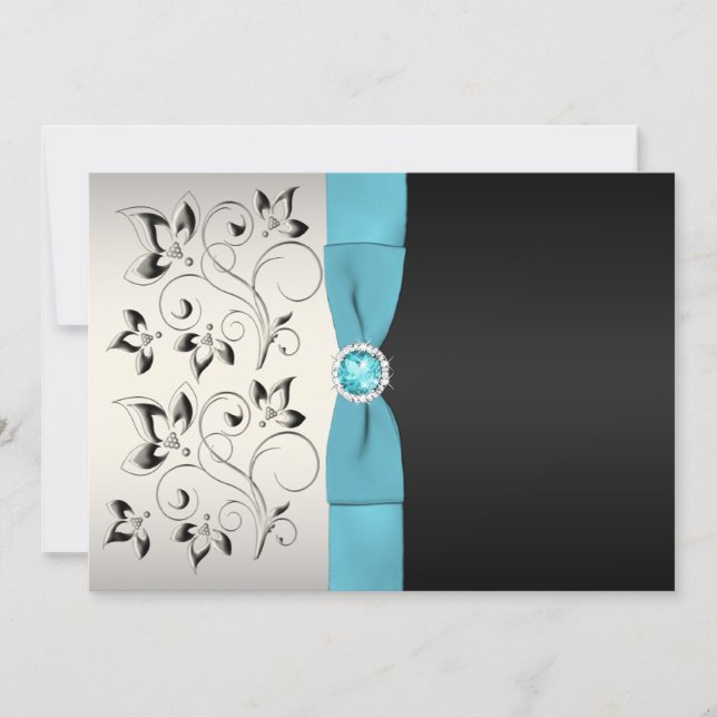Silver, Aqua, and Black Floral Wedding Invitation (Front)