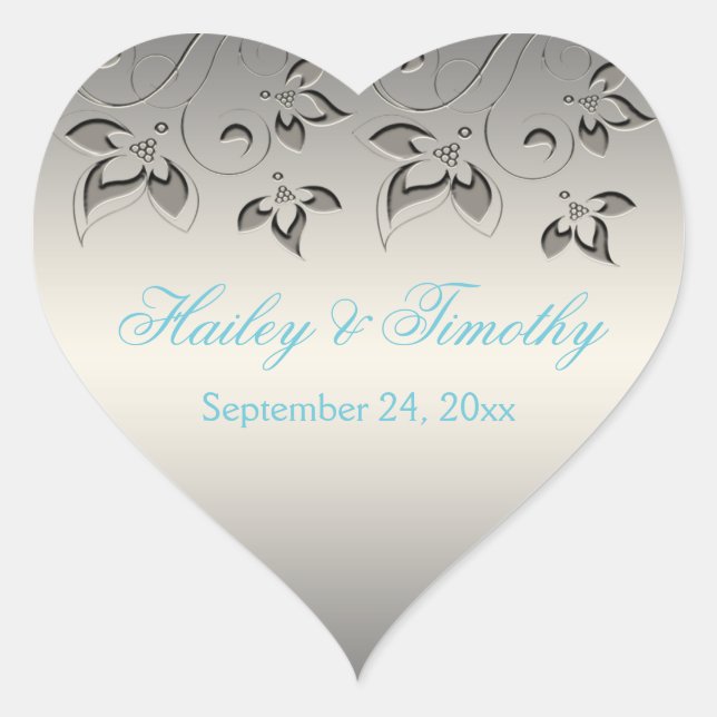 Silver, Aqua, Black Floral Heart Shaped Sticker (Front)