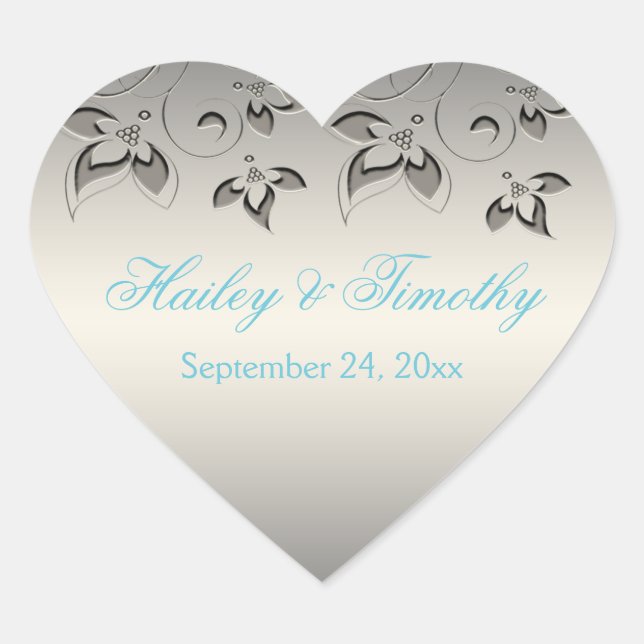 Silver, Aqua, Black Floral Heart Shaped Sticker (Front)