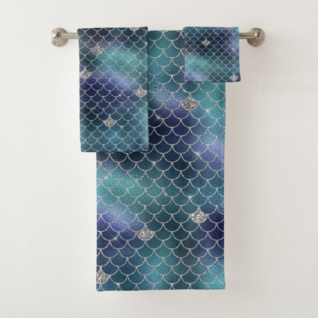 Silver Aqua Blue Mermaid Bath Towel Set (Insitu)