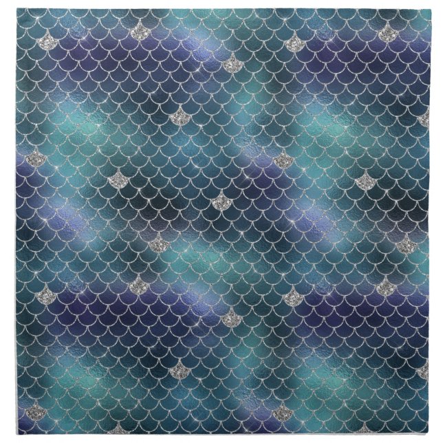 Silver Aqua Blue Mermaid Cloth Napkin (Front)