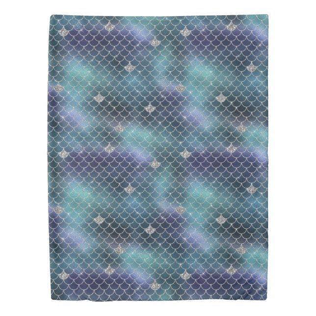 Silver Aqua Blue Mermaid Duvet Cover (Front)