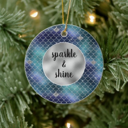 Silver Aqua Blue Mermaid Glitz Ceramic Ornament