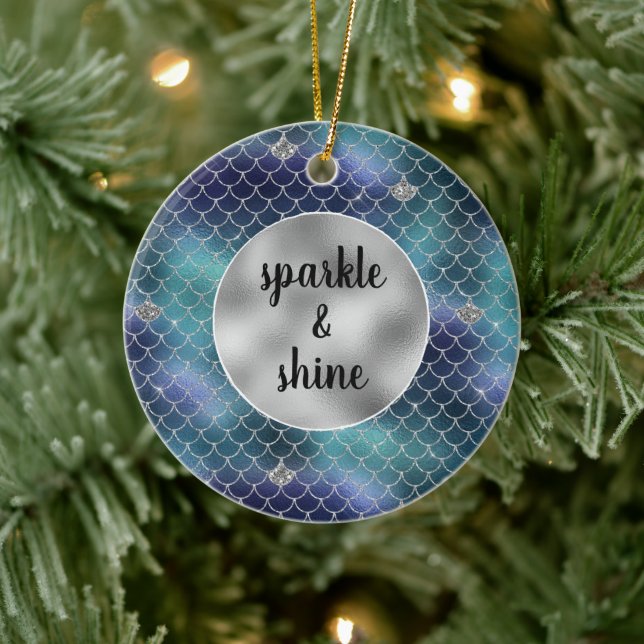 Silver Aqua Blue Mermaid Glitz Ceramic Ornament (Tree)