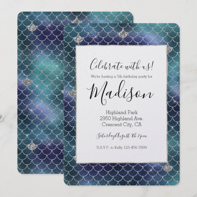 Silver Aqua Blue Mermaid Glitz Invitation (Front/Back)