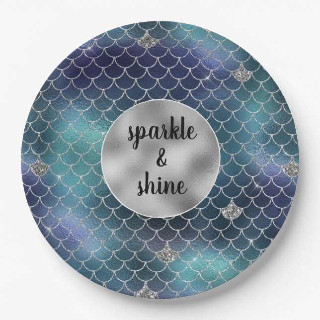 Silver Aqua Blue Mermaid Glitz Paper Plates (Front)