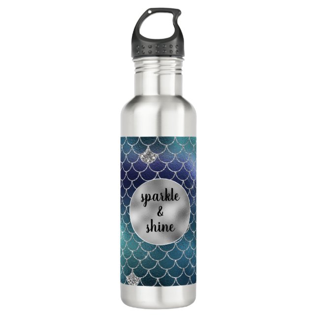 Silver Aqua Blue Mermaid Glitz Stainless Steel Water Bottle (Front)