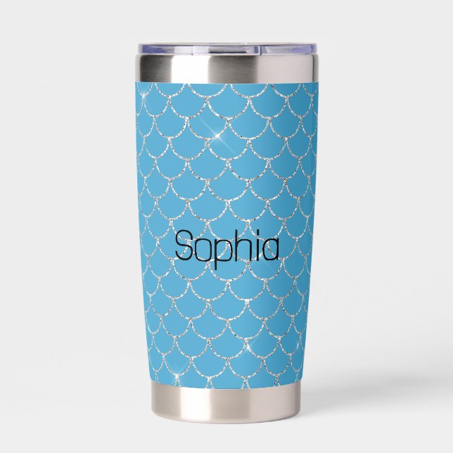 Silver Aqua Blue Mermaid Name Insulated Tumbler (Front)