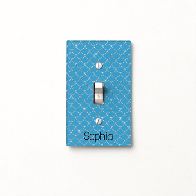 Silver Aqua Blue Mermaid Name Light Switch Cover (In Situ)