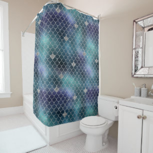 Silver Aqua Blue Mermaid Shower Curtain