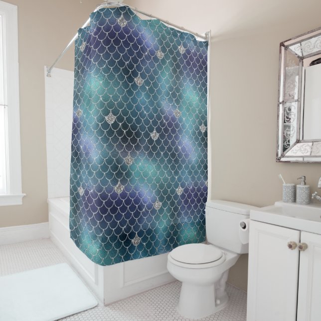 Silver Aqua Blue Mermaid Shower Curtain (In Situ)