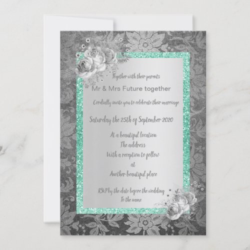 Silver aqua Damask wedding floral gold silver Invitation