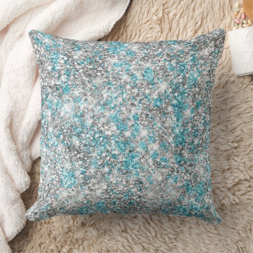 Silver Aqua Glam Glitter Throw Pillow