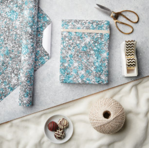 Silver Aqua Glam Glitter Wrapping Paper