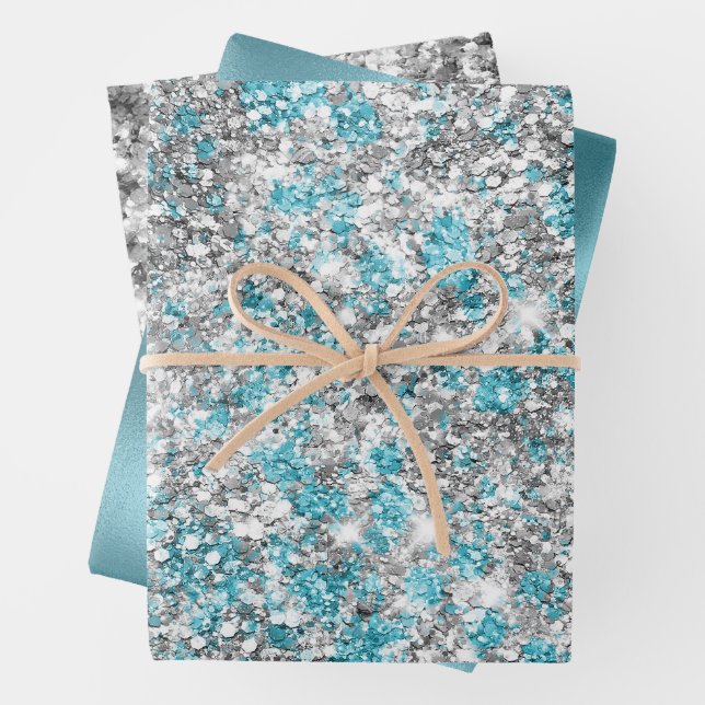 Silver Aqua Glam Glitter Wrapping Paper Sheets (In situ)