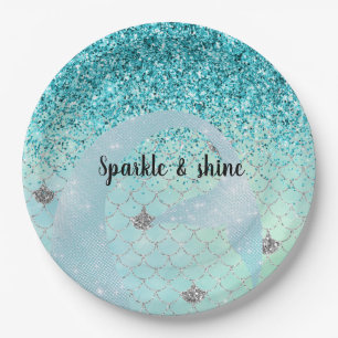 Silver Aqua Glitter Mermaid Watercolor Paper Plates