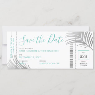 Silver Aqua Palm Tree Boarding Pass Save Date Card