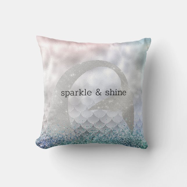 Silver Aqua Pink Purple Glitter Sparkle Mermaid Throw Pillow (Front)